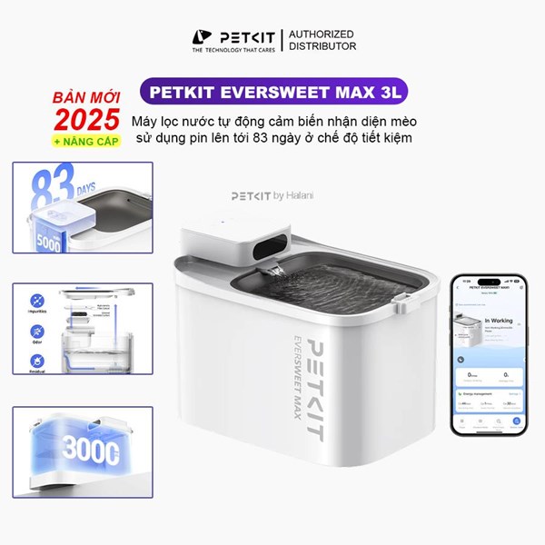 Máy lọc nước cho chó mèo PETKIT Eversweet Max 3L - Dùng pin sạc 5000mAh phiên bản quốc tế kết nối app